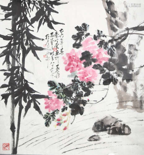 秦岭云，王个䔟 花卉 纸本立轴