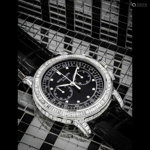 百達翡麗，非常罕有，18k白金鑲長方形鑽石計時腕錶，配測速圈，型號5...