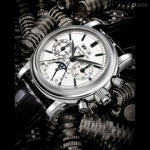百達翡麗，極罕有及重要，不鏽鋼腕錶，配萬年曆、追針計時功能、月相、...