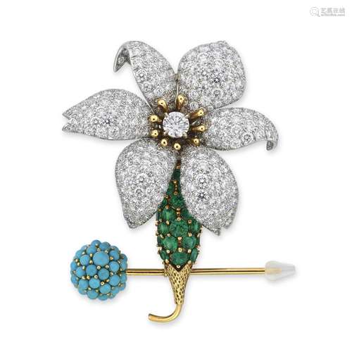 鑽石、祖母綠及綠松石胸針 Tiffany & Co. Schlumberger Studi...