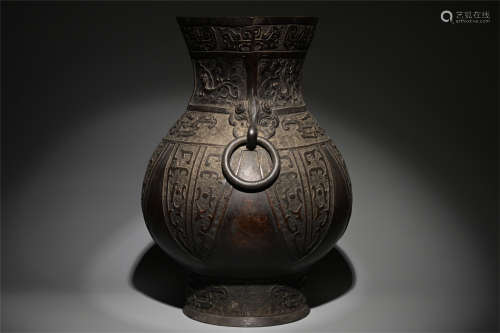 古銅饕餮紋菱口壺
