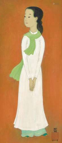 梅忠恕（1906-1980） 戴綠圍巾的白衣女子
