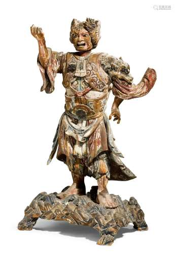 A POLYCHROME PAINTED WOOD FIGURE OF A HEAVENLY GENERAL.Japan...