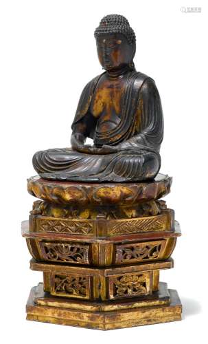 A SEATED WOOD FIGURE OF AMIDA NYORAI.Japan, Edo period, circ...