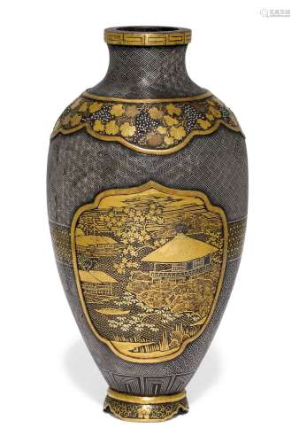 A SMALL INLAID IRON VASE.Japan, Meiji period, height 13.5 cm...
