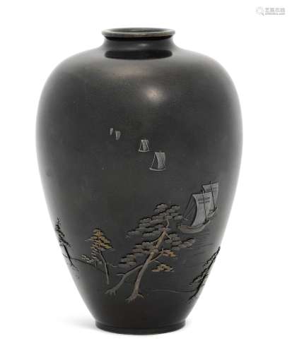 A BRONZE VASE DECORATED WITH SHIPS AND PINES.Japan, Meiji pe...