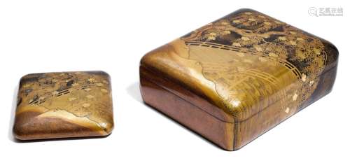 AN GORGEOUS LACQUER SET OF A DOCUMENT BOX AND A WRITING BOX....