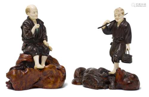TWO BRONZE AND IVORY OKIMONO OF PEASANTS.Japan, Meiij period...
