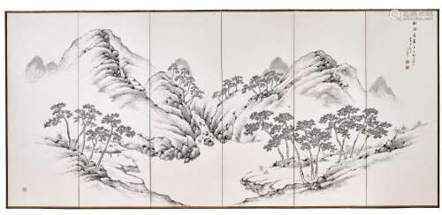 SIX-FOLD SCREEN (BYOBU) BY HINE TAIZAN (1813-1869).Japan, da...