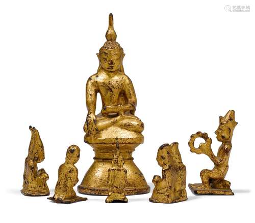 A GROUP OF SIX LACQUER-GILT BRONZE OFFERING FIGURES.Burma, A...