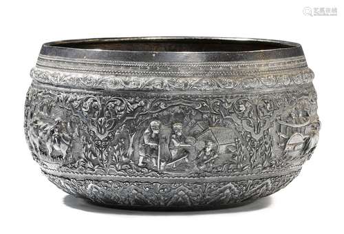 SILVER BOWL.Burma, 20th c. Ø 18,5 cm, weight 710 g.Decorated...