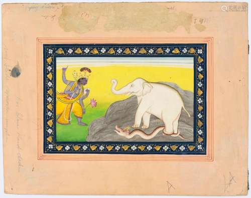 A FINE DEPICTION OF GAJENDRA MOKSHA.India, Pahari, ca. 1850,...