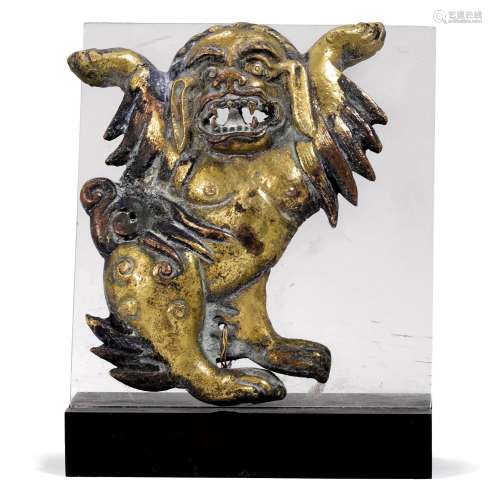 SCHNEELÖWE.Tibet, ca. 18. Jh. H 12 cm.Vergoldete Bronze mit ...
