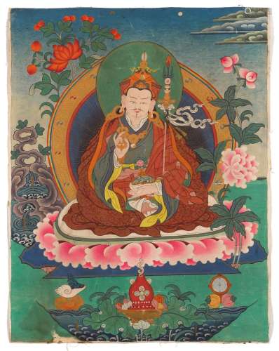 A THANGKA OF PADMASAMBHAVA.Tibet, 19th/20th c. 38 × 29 cm.Th...