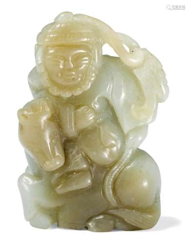 A JADE CARVING OF A BEARDED MAN ON HORSEBACK.China, height 9...