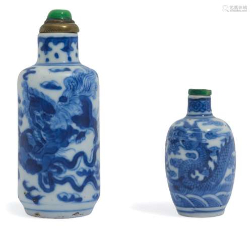 TWO BLUE AND WHITE DRAGON AND LION SNUFF BOTTLES.China, 19th...