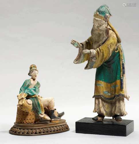 TWO DAOIST IMMORTALS.China, H 33 and 16.5 cm.Polychrome pain...