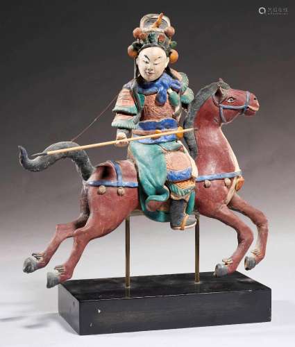 HEAVENLY RIDER.China, H 31 cm.Polychrome painted clay. Warri...