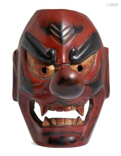 TENGU MASK.Japan, 19th/20th century, H 23 cm.Wood with red, ...