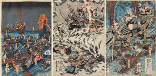 THREE WOODBLOCK PRINTS WITH DEPICTIONS OF YOSHITSUNE.Oban.Fr...