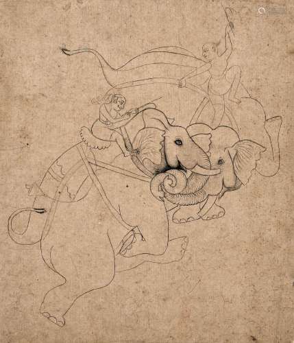 A DRAWING OF AN ELEPHANT FIGHT.India, Kotah school, ca. 19th...