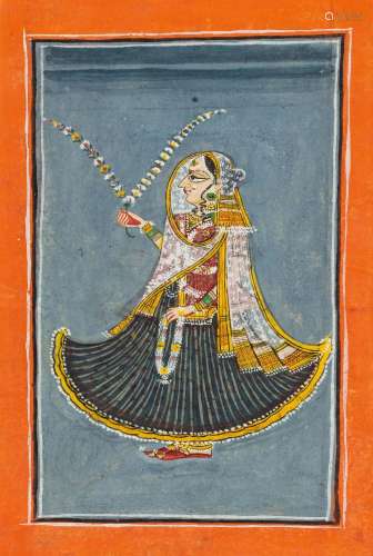 A WOMAN HOLDING FLOWERS.India, Jodhpur, 19th c. 17 × 9.2 cm....