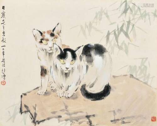 徐悲鸿 1948年作 双猫图 镜框
