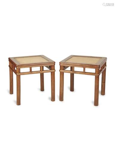 A PAIR OF HUANGHUALI BAMBOO-STYLE SQUARE STOOLS, FANGDENG 17...