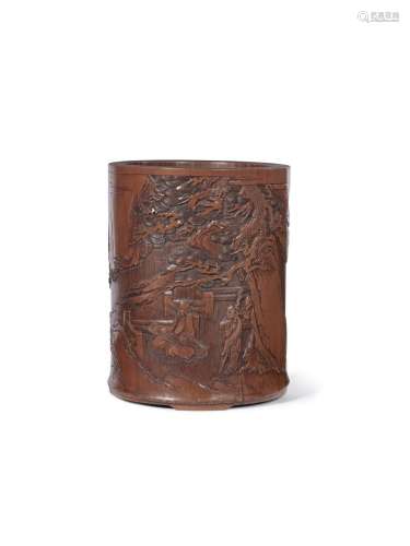 A CARVED BAMBOO 'FISHERMAN AND WOODCUTTER' BRUSHPOT,...