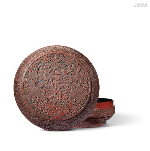 AN EXCEPTIONALLY RARE AND VERY LARGE CARVED LACQUER CIRCULAR...