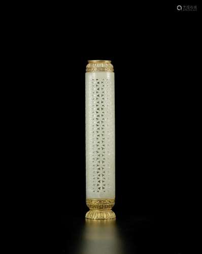 A PALE GREEN JADE OPENWORK PARFUMIER AND GILT-BRONZE COVER A...