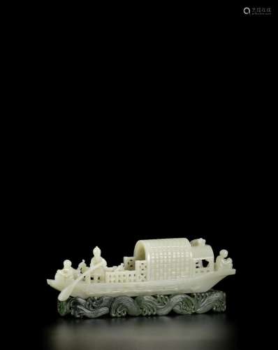 A PALE GREEN JADE CARVING OF A SAMPAN AND FIGURES Late Qing ...