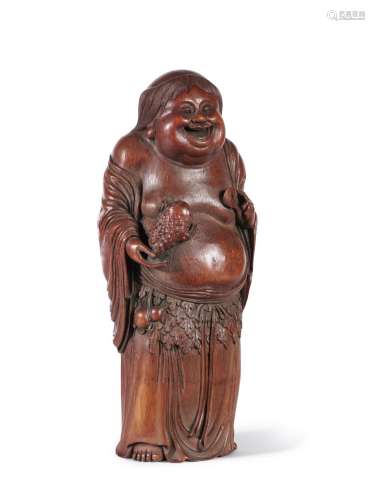 A CARVED BAMBOO STANDING FIGURE OF LIU HAI AND HIS GOLDEN TO...