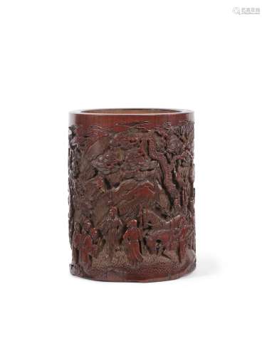 A CARVED BAMBOO 'FIGURES AND LANDSCAPE' BRUSHPOT, BITONG 17t...
