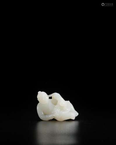 A WHITE JADE CARVING OF A BOY AND FELINE 18th century  (2)