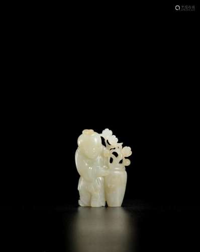 A PALE GREEN JADE CARVED 'BOY AND FLOWER VASE' GROUP 17th ce...