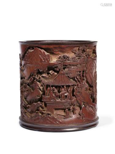 A FINELY CARVED 'ELEGANT GATHERING IN THE WESTERN GARDEN' BA...