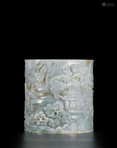 A CARVED JADEITE 'GATHERING AT THE ORCHID PAVILION' BRUSHPOT...