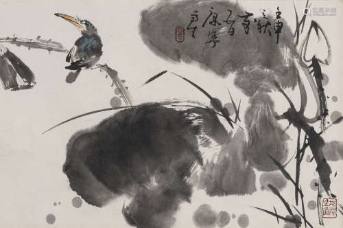 康宁 壬申（1992年）作 荷花翠鸟 镜芯 纸本设色