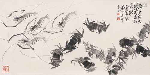 齐良迟 壬申（1992年）作 虾蟹图 镜心 纸本水墨