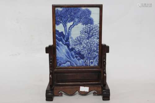 Chinese Wood Table Screen w Blue&White Tile Inlaid