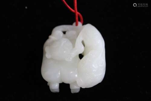 Chinese Jade Carved Boy w Beast