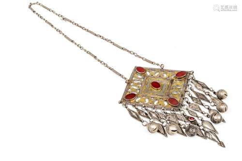 TURKOMAN SILVER ALLOY AND GILT PECTORAL NECKLACE