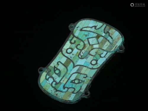 Chinese Bronze Belt Buckle w Turquoise Inlaid