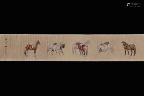 Chinese Ink Color Scroll Painting,Horses