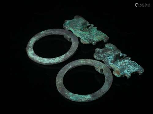 Pair of Chinese Bronze Decoration w Turquoise inla