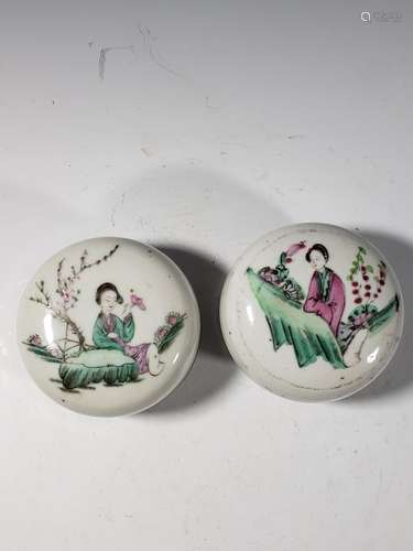 Two Qing Chinese Famille Rose Porcelain Ink Box