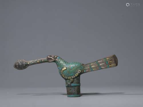 Qing Chinese Bronze Handle w Gold&Silver Inlaid