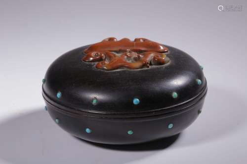 Chinese Zitan Wood Round Box w Soapstone Inlaid