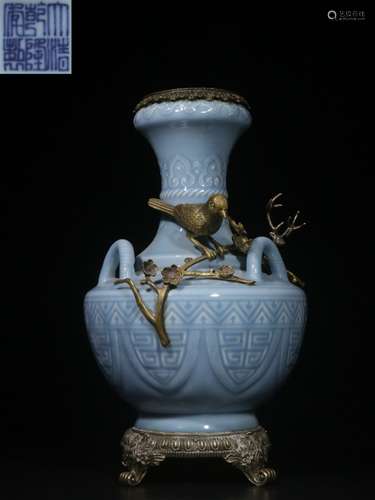 Chinese Blue Glazed Porcelain Vase w Bronze Mount